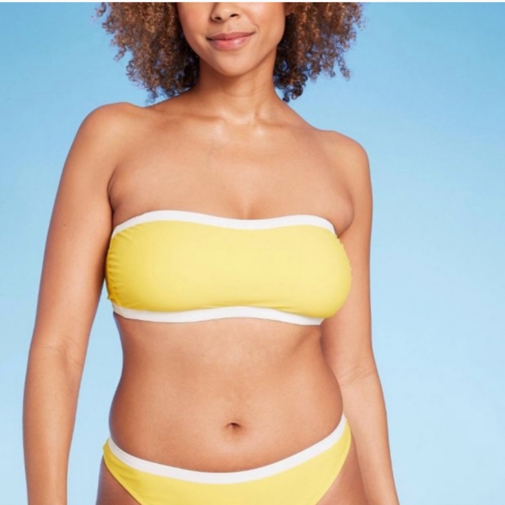 Bikini Set- Lemon Yellow White Trim Bandeau + High Leg Low Rise Bottom